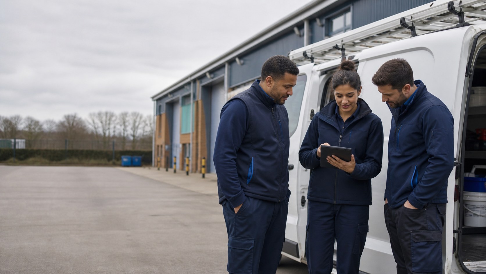 A field service team reviewing the day's work beside their service vans.