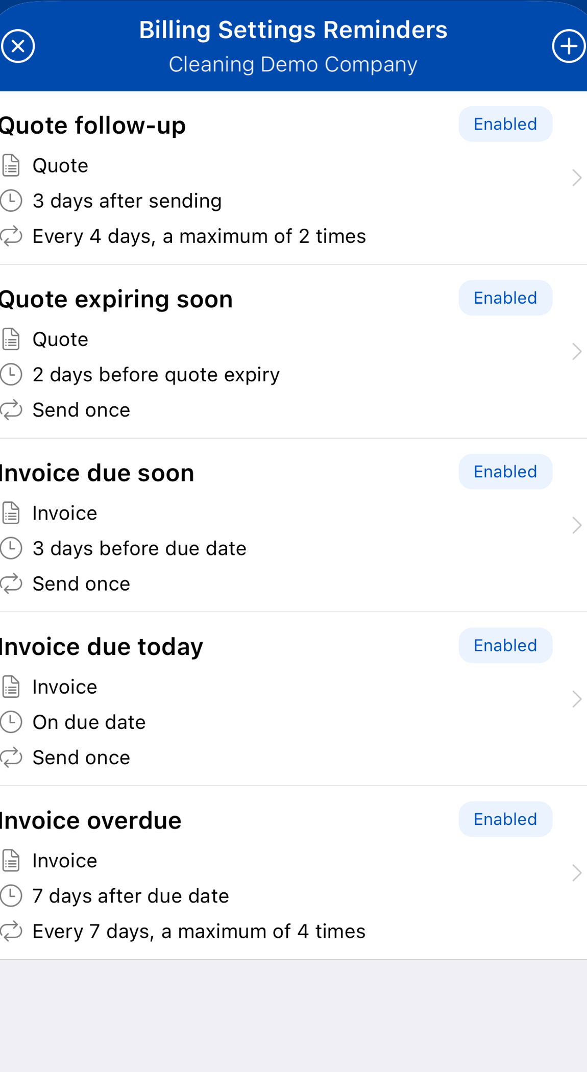 The JobTek mobile app showing configured quote and invoice reminders without a device frame.