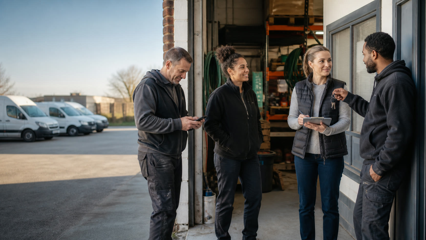 A growing field service team preparing vehicles, equipment and the day's jobs.