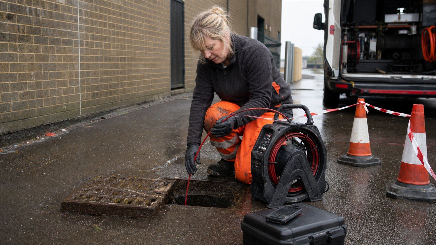 A drainage engineer using inspection-camera equipment at a commercial property.
