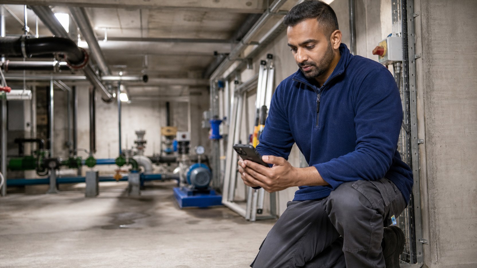 A field engineer recording work on a phone in a plant room without relying on a signal.