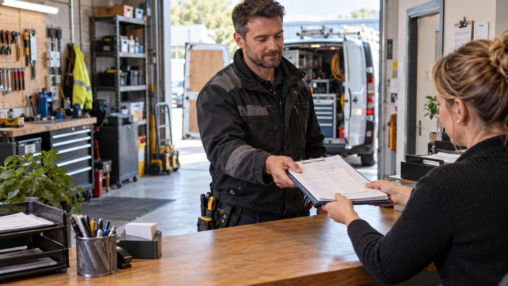 A field engineer handing a completed job pack and payment record to an accounts administrator.