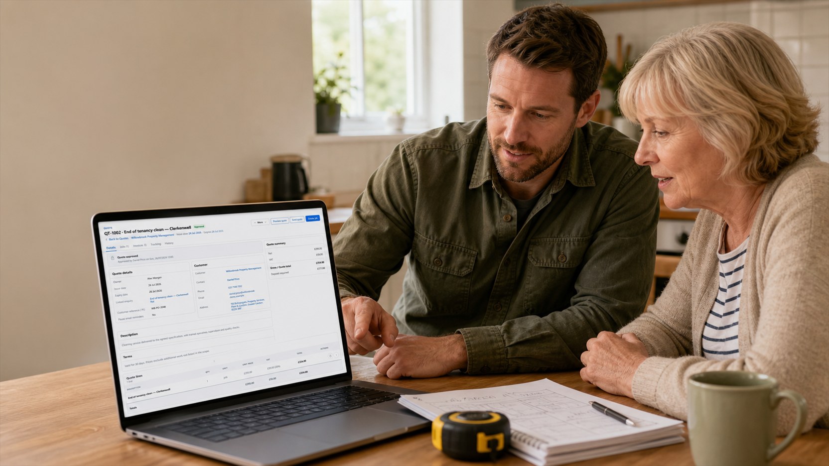 A trade professional guiding a customer through an online quote approval.