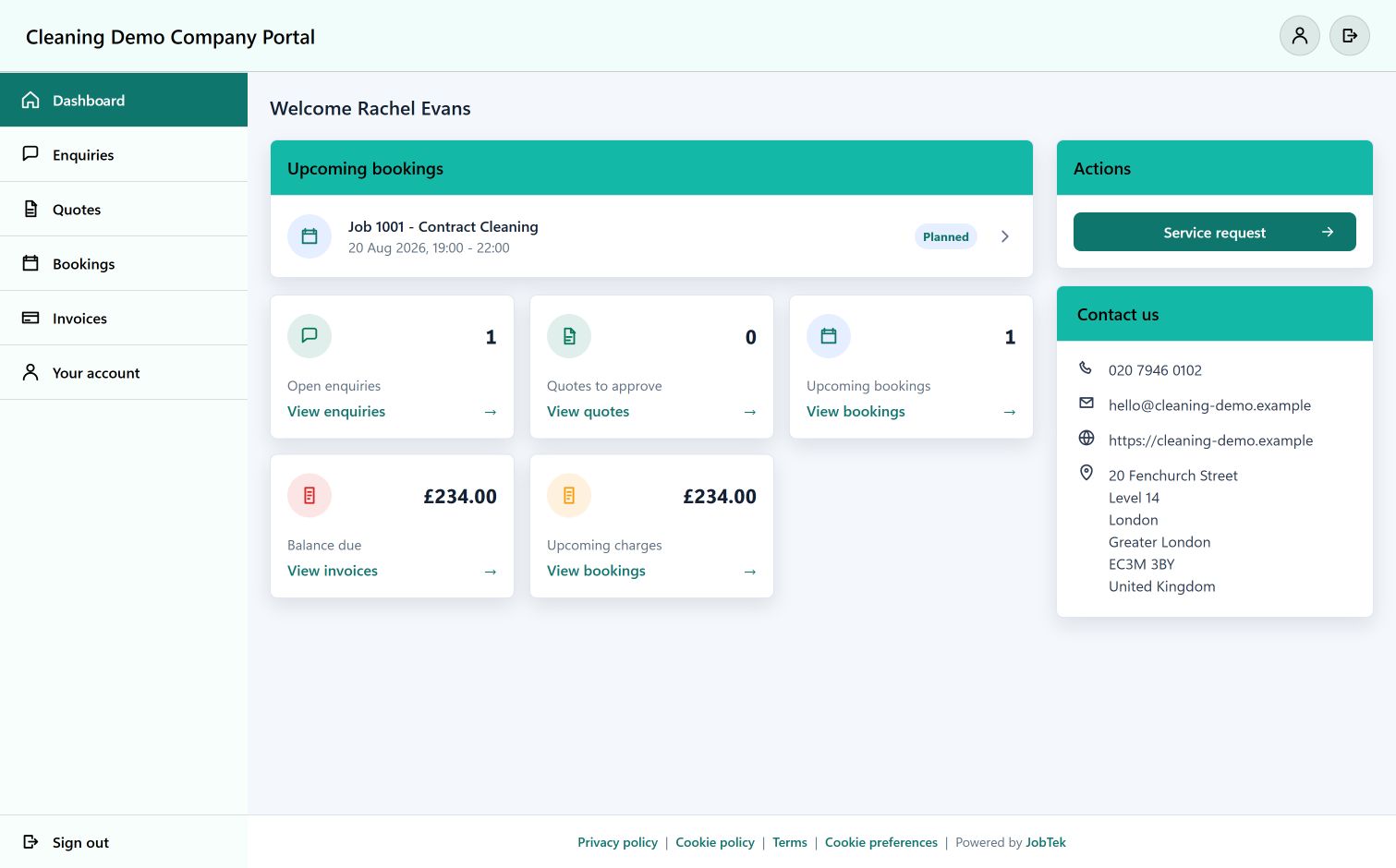 A JobTek customer portal showing bookings, enquiries, quotes and invoice balance.