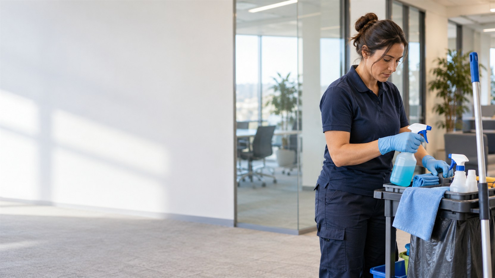 A professional commercial cleaner preparing equipment beside a cleaning trolley in a modern workplace.