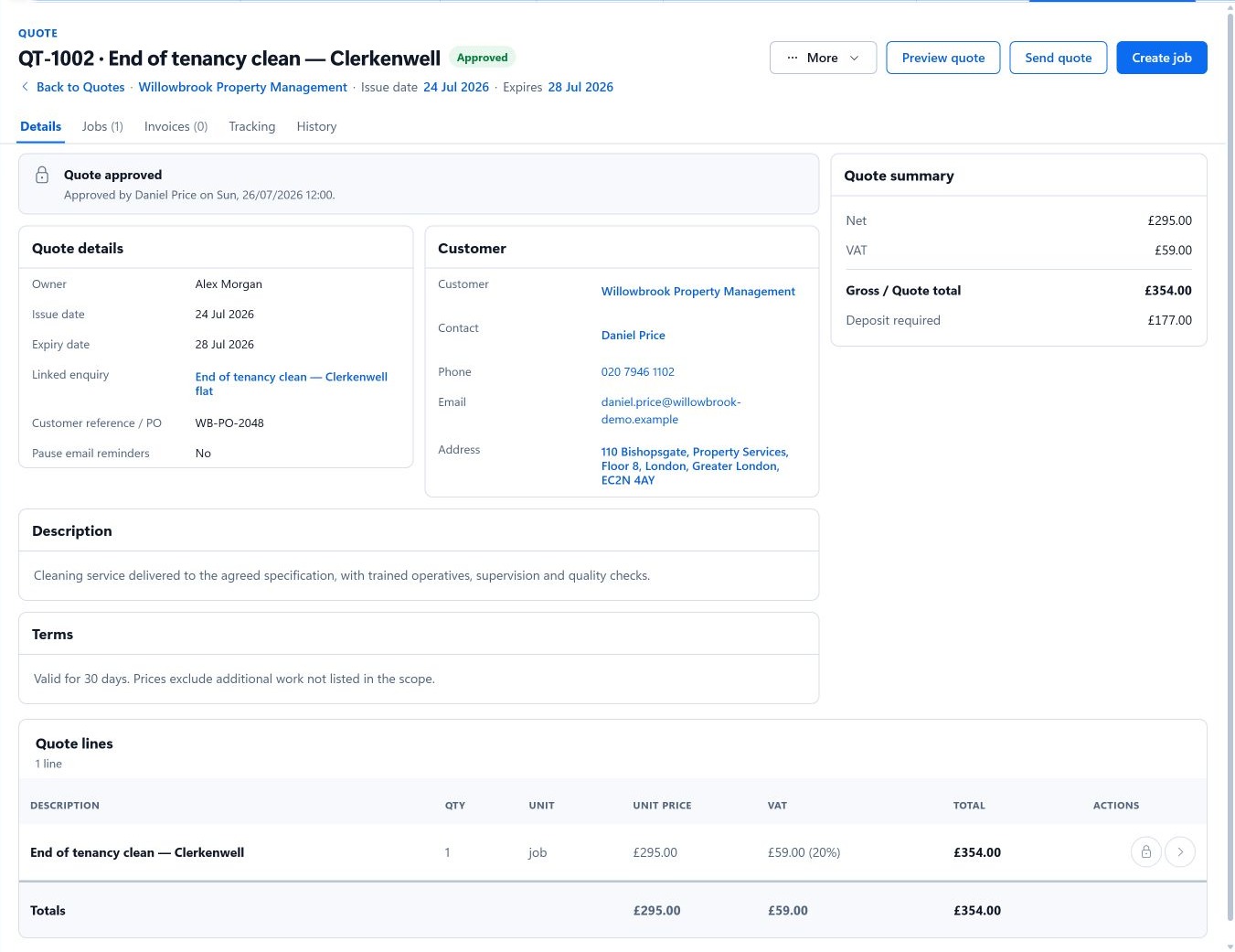 An approved JobTek quote with the customer, scope, pricing and Create job action visible.