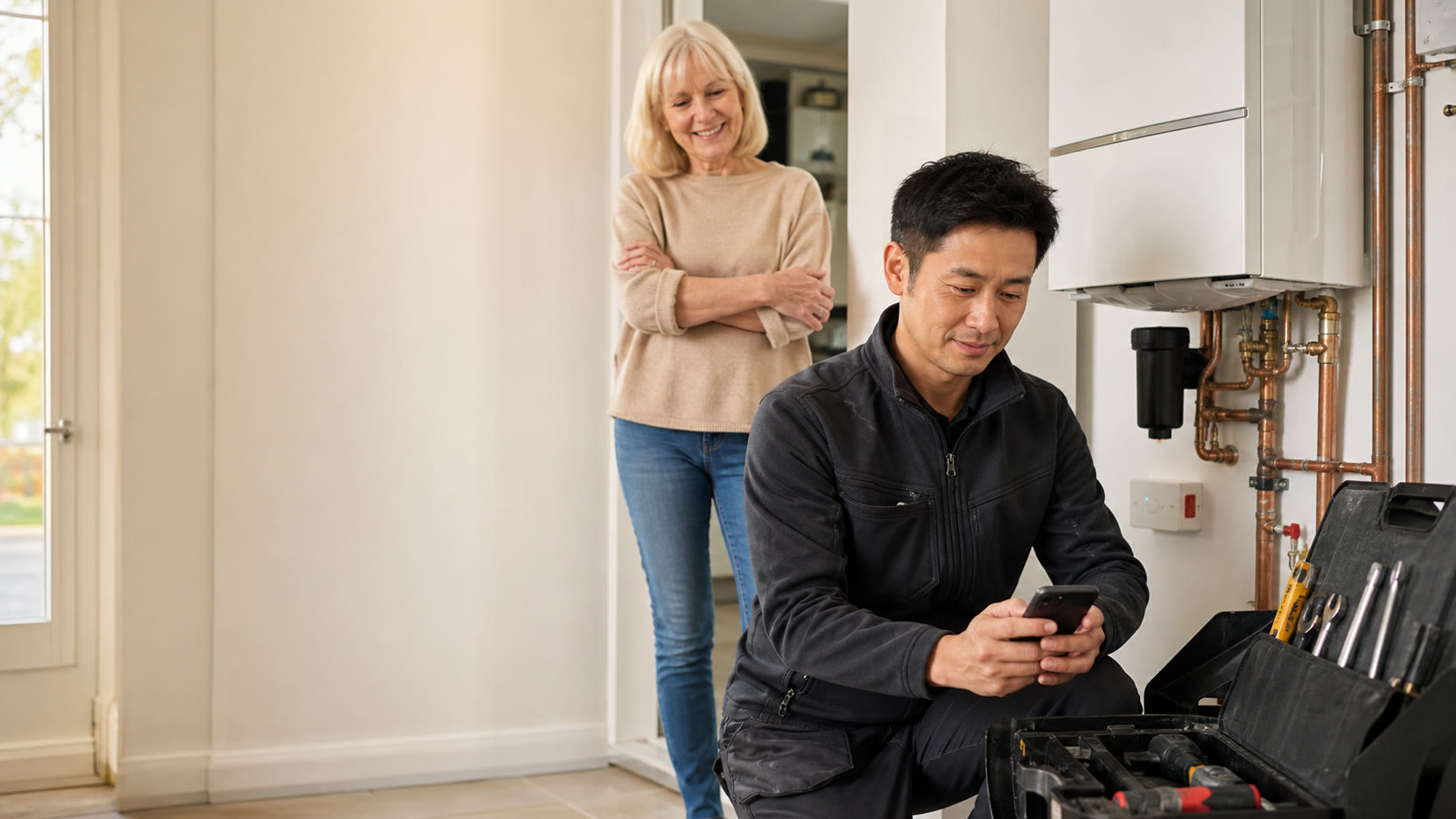 An owner-led tradesperson recording completed service details at a customer's home.