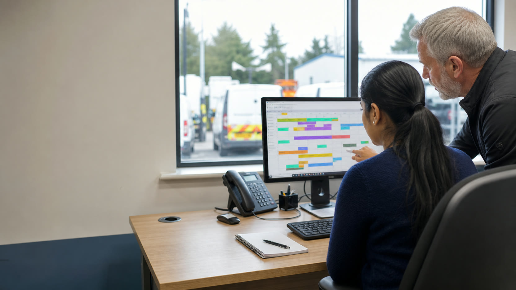 A scheduler and operations colleague planning several engineers on a shared schedule.