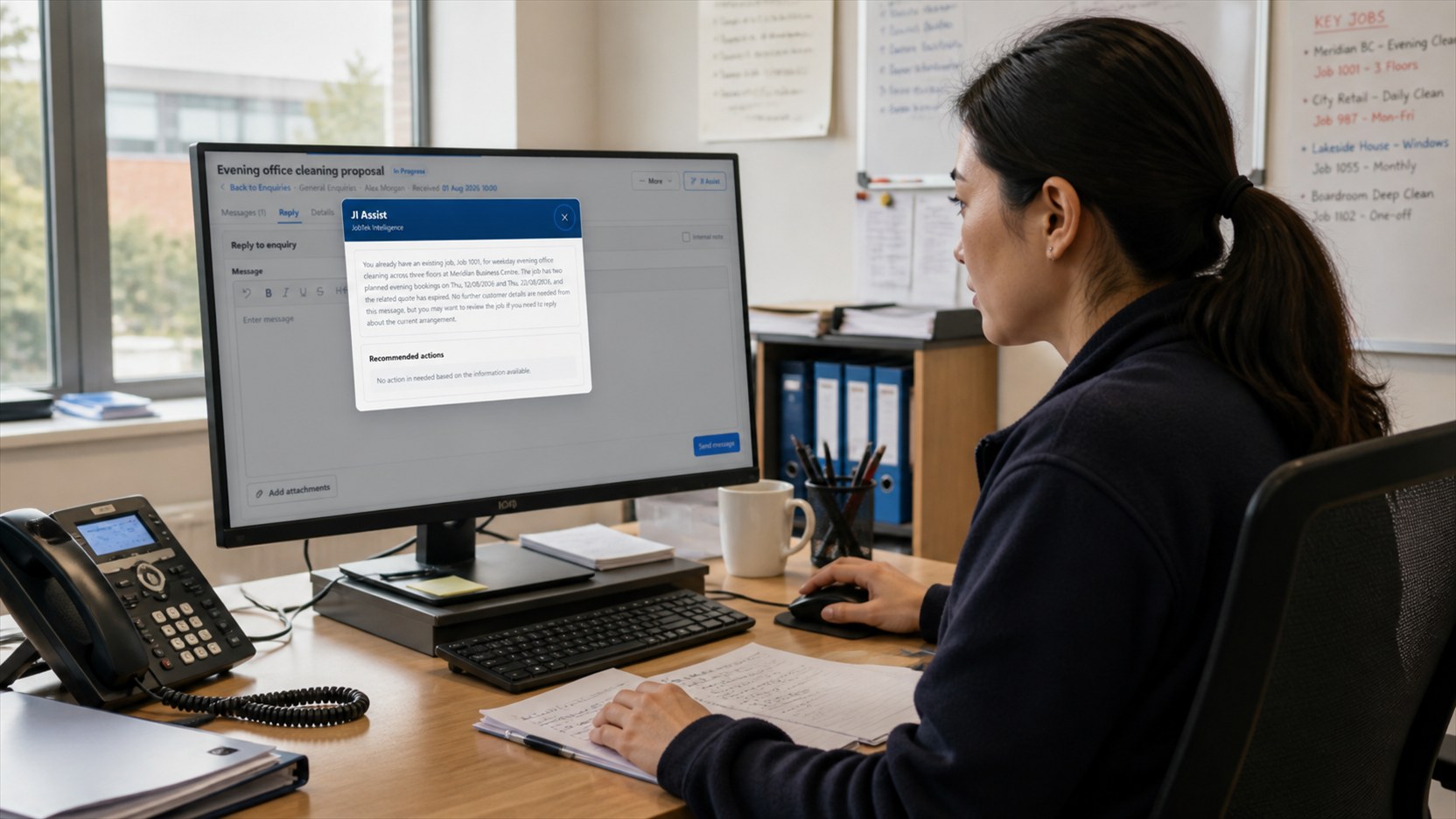 An office coordinator reviewing an enquiry prepared by JI Assist before choosing the next action.