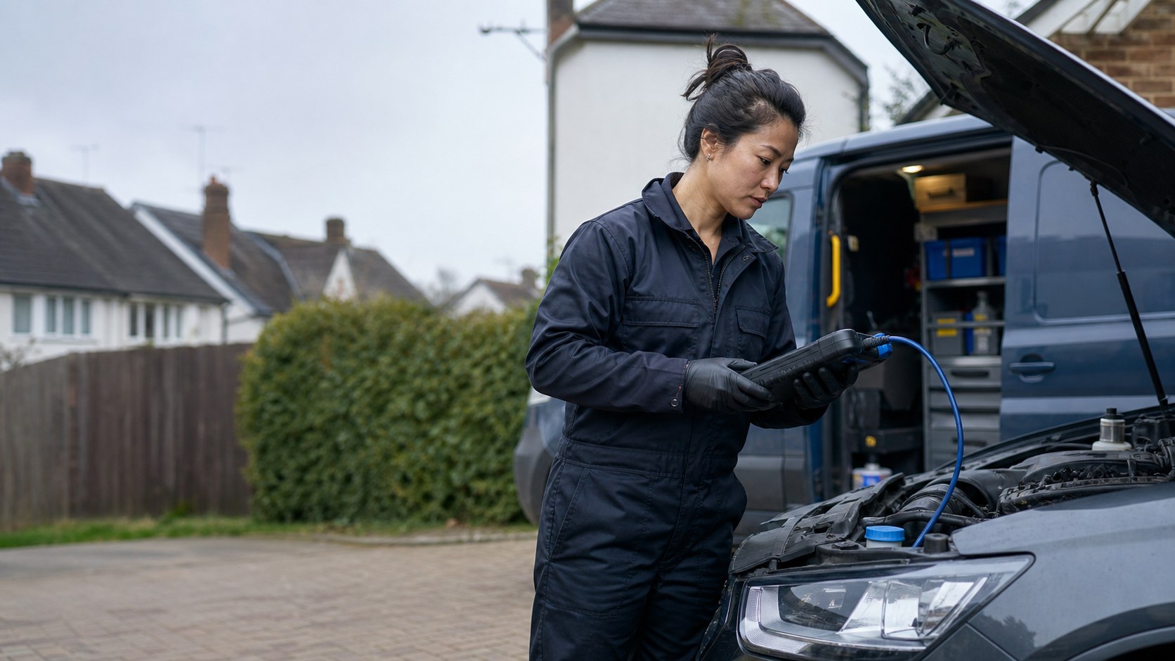 A female mobile mechanic diagnosing a customer’s car on a driveway.