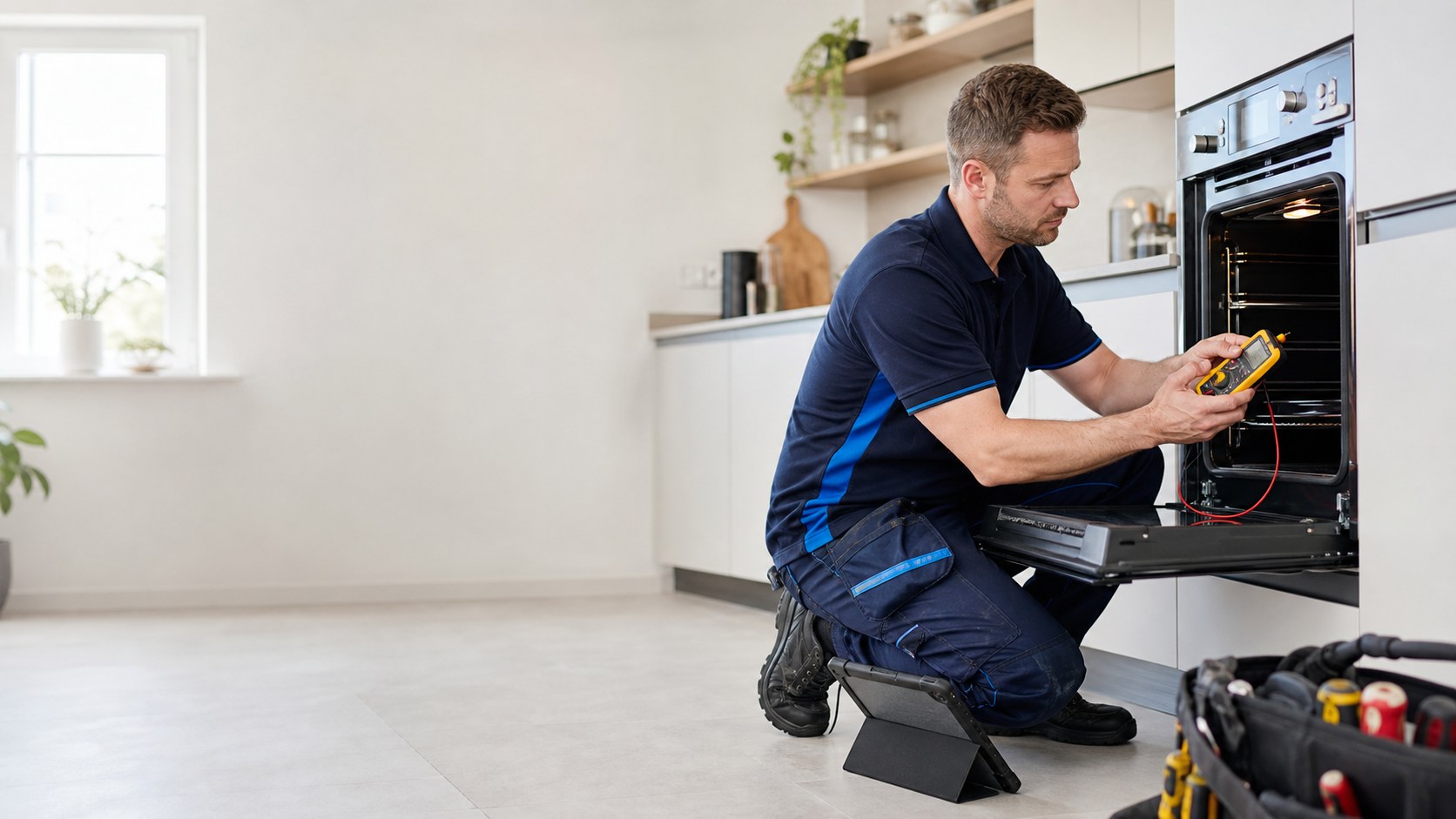An appliance engineer diagnosing a built-in oven.
