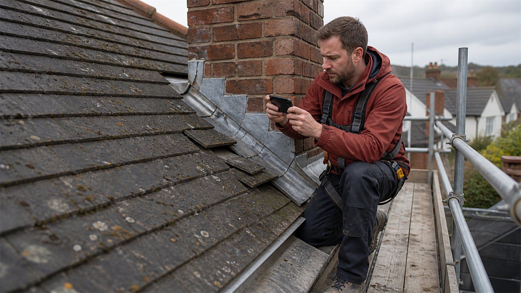 A roofing surveyor recording evidence of damaged chimney flashing.