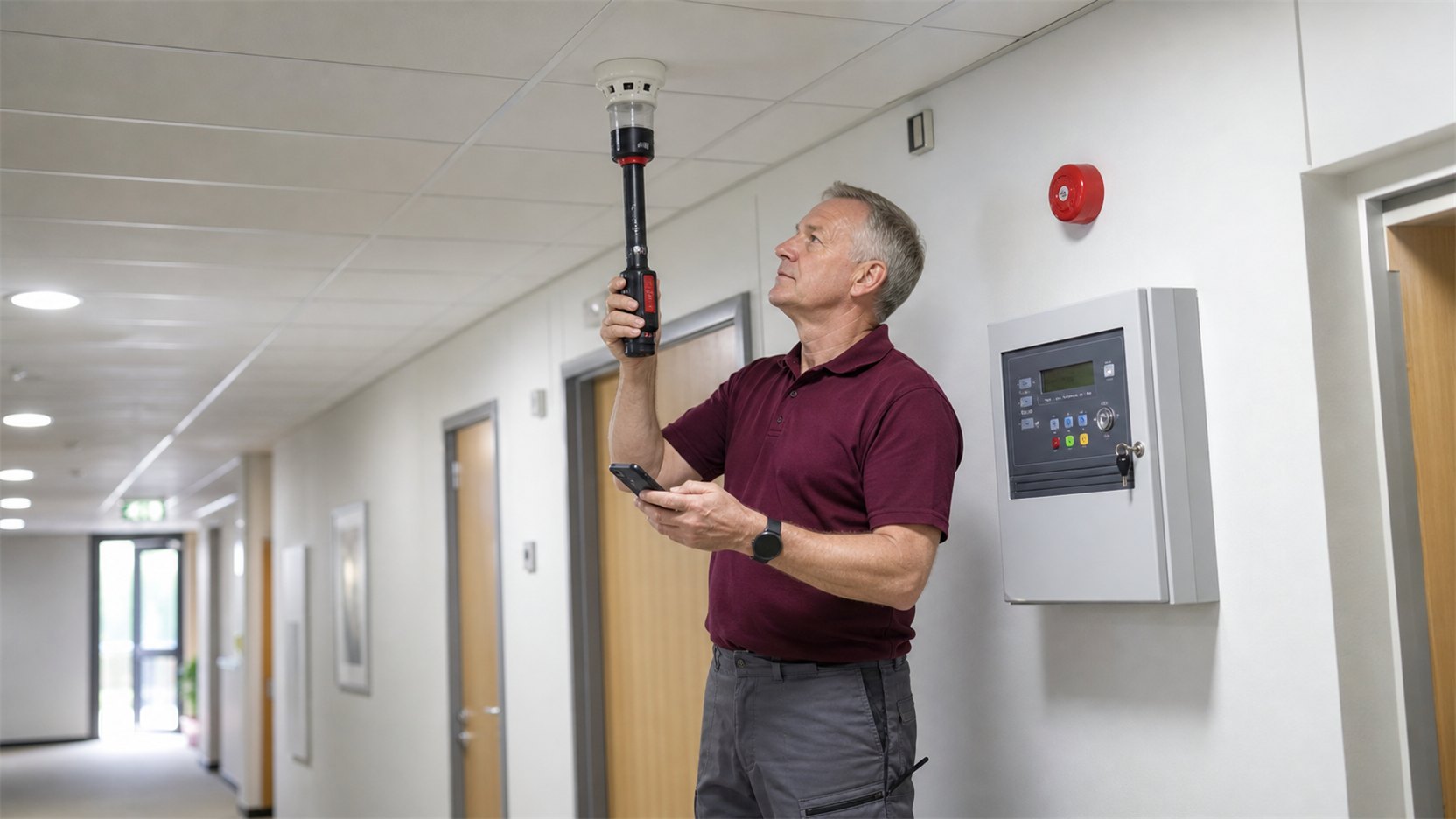 A fire safety engineer testing a detector in a commercial building.