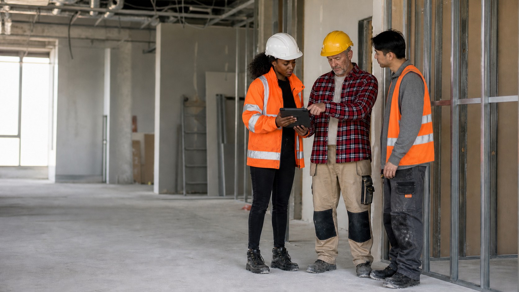 A varied building contractor team reviewing live job detail on a tablet.