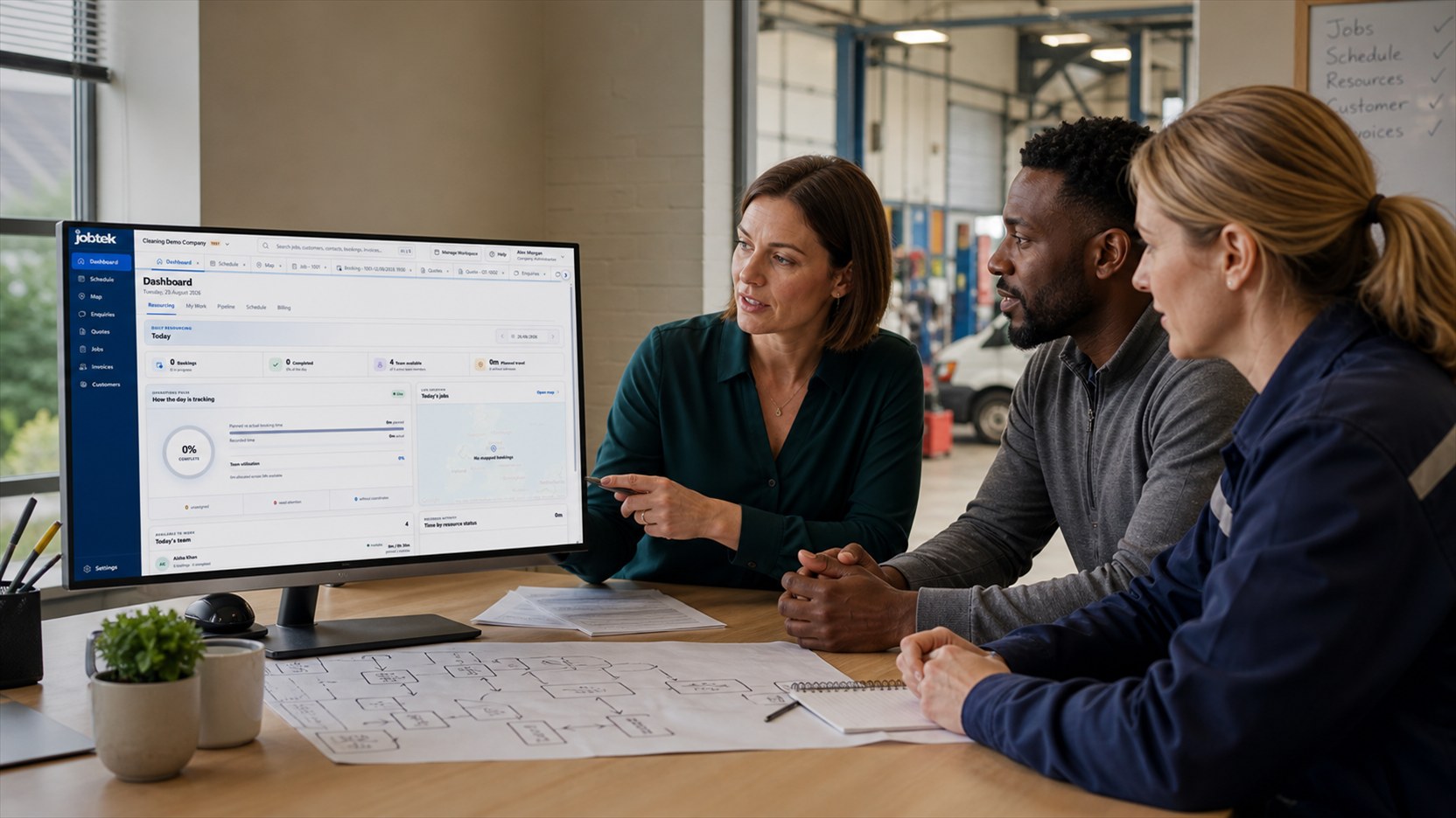 A mixed office and field team comparing the JobTek workflow with their operational requirements.