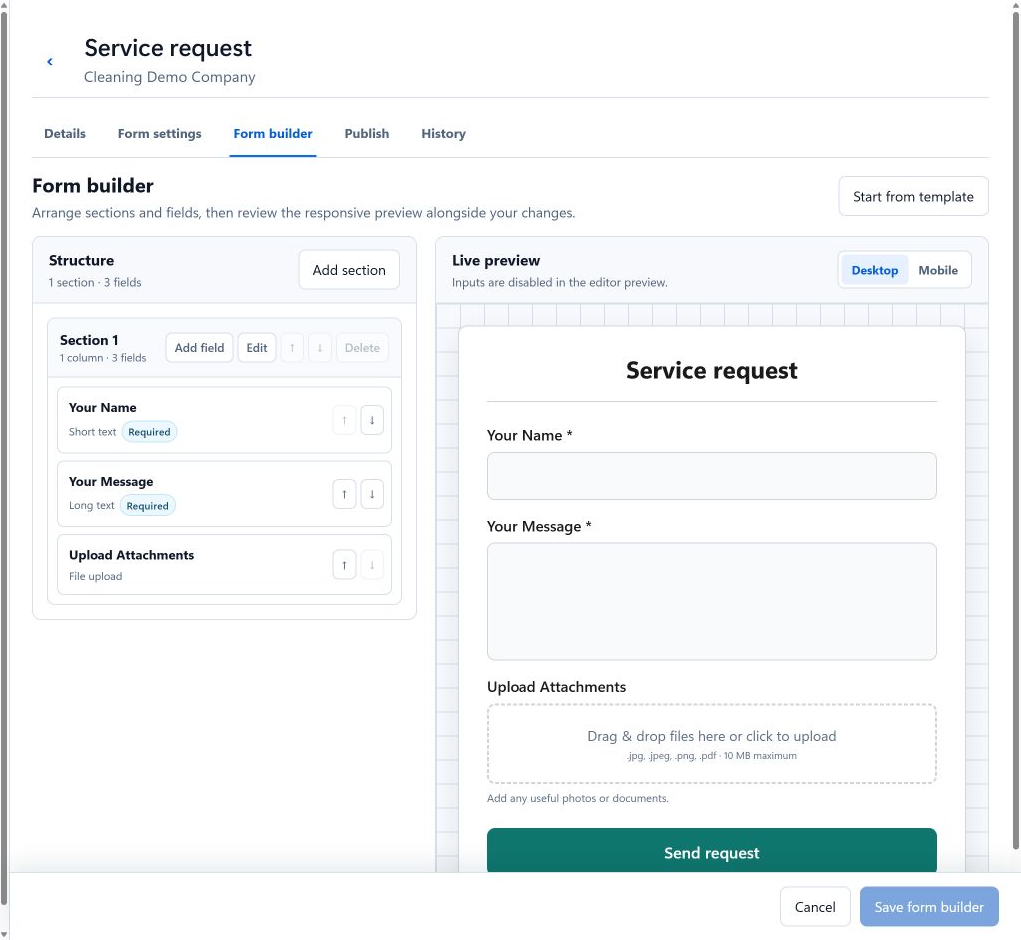 The JobTek web-form builder showing fields beside the customer-facing preview.
