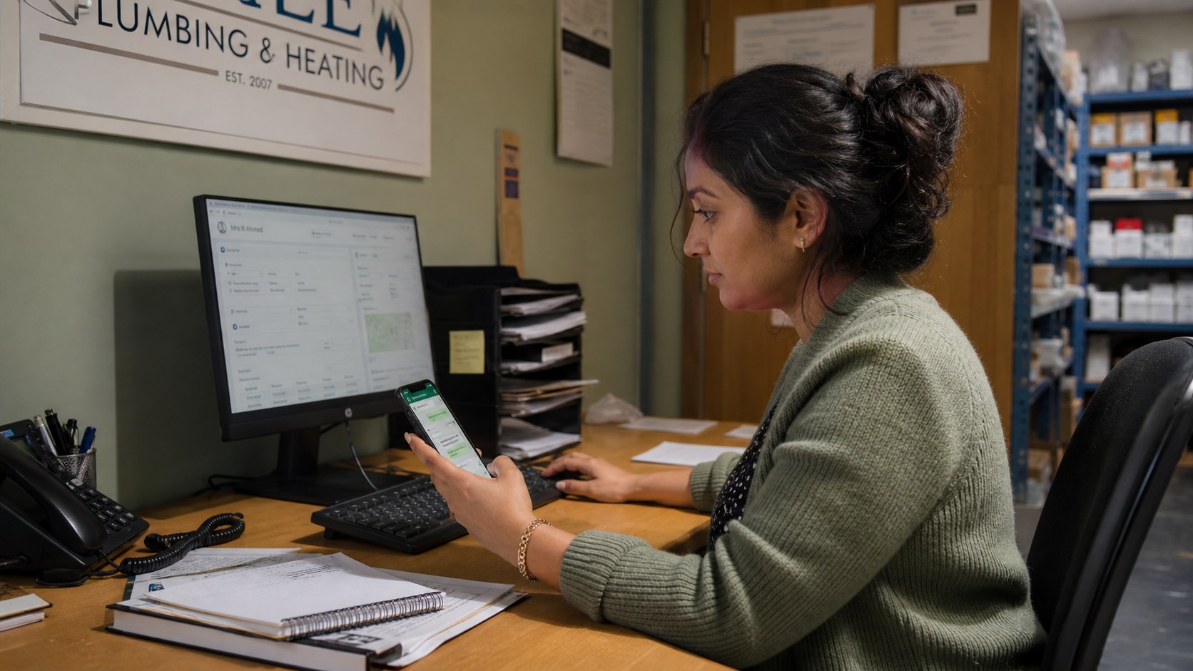 A service coordinator replying to a WhatsApp Business customer enquiry in JobTek.