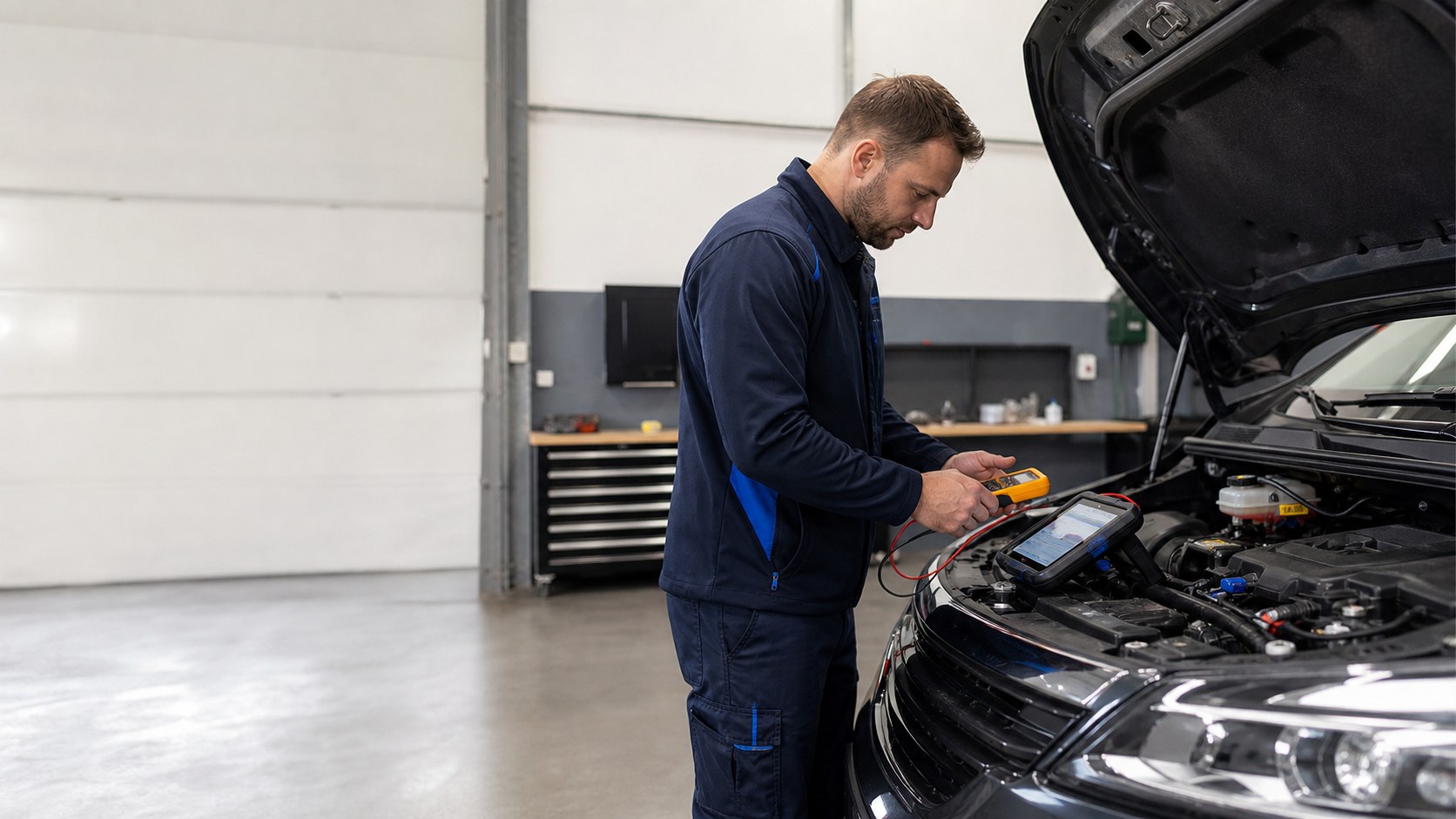An auto electrician diagnosing a vehicle electrical fault.