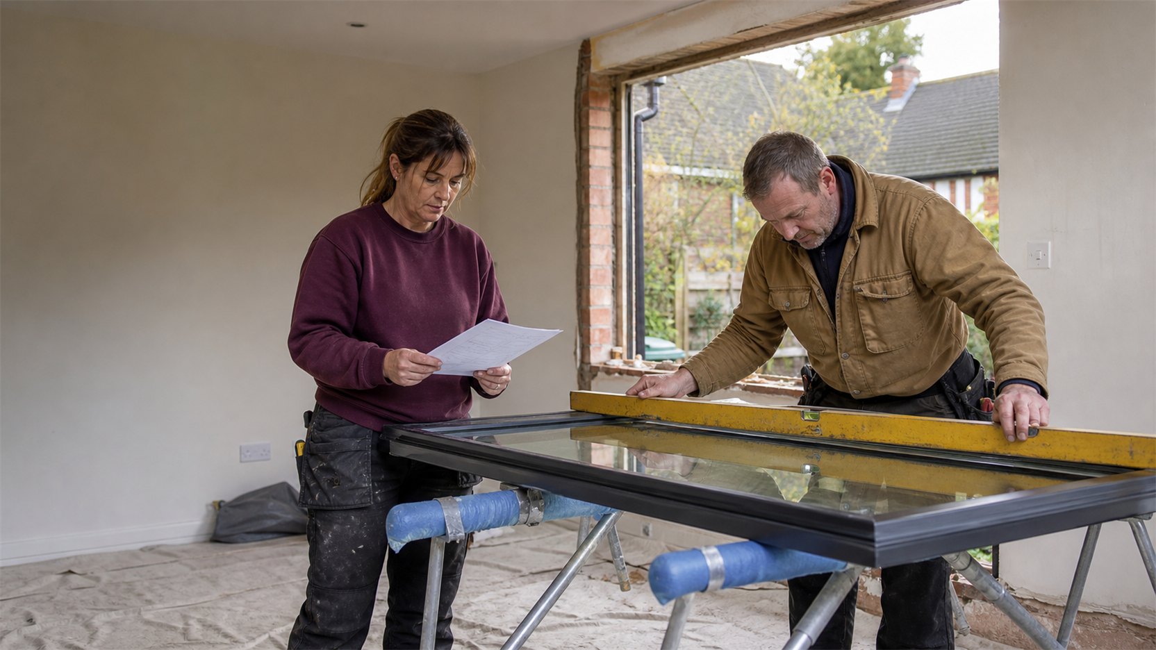 Two window installers checking measurements before fitting a replacement unit.