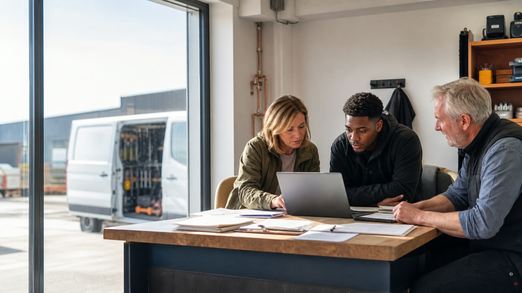 A trade business owner planning jobs with two members of the team.