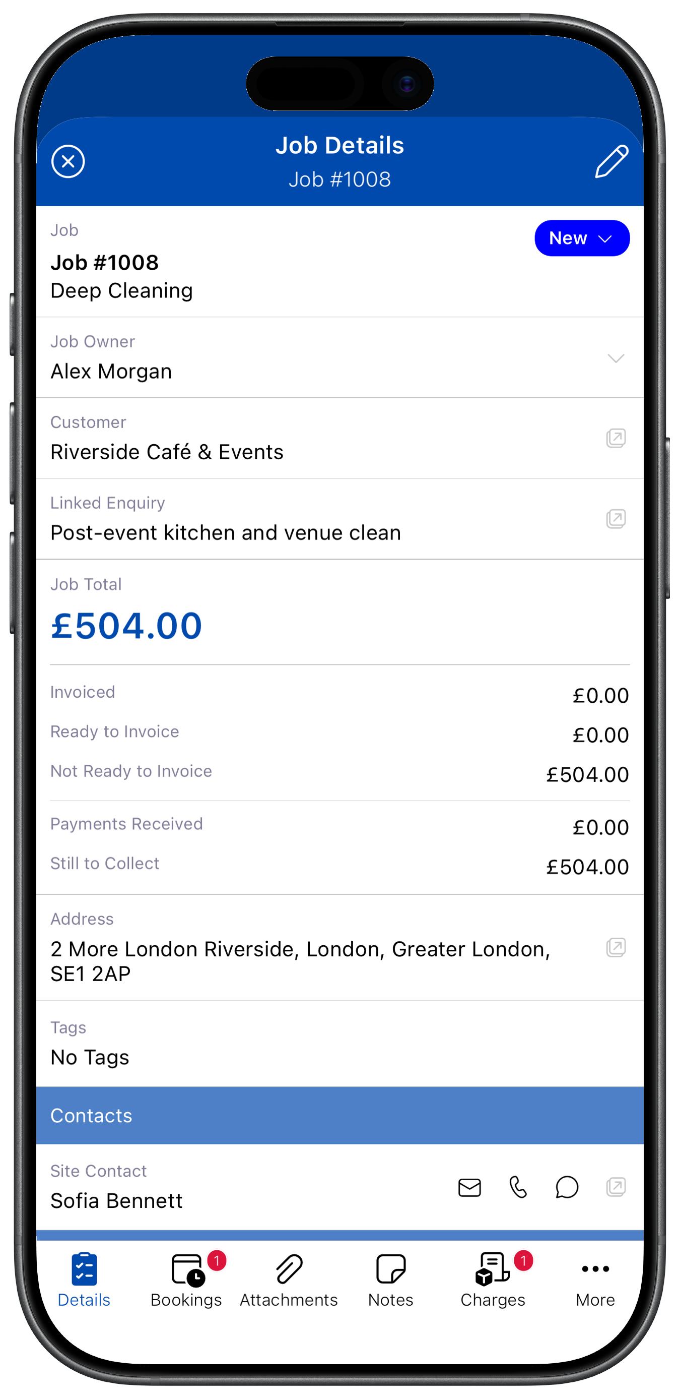 The JobTek mobile app showing a field user's job details and customer context.