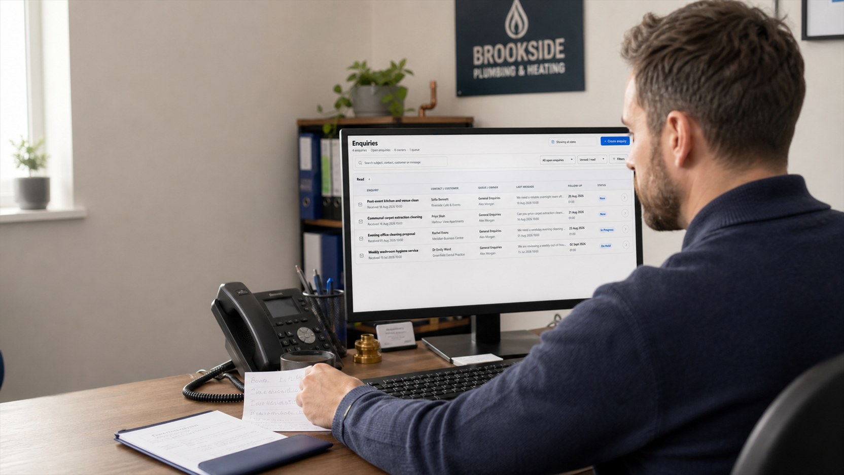 An office team member reviewing a JobTek enquiry list where every new request has a next action.