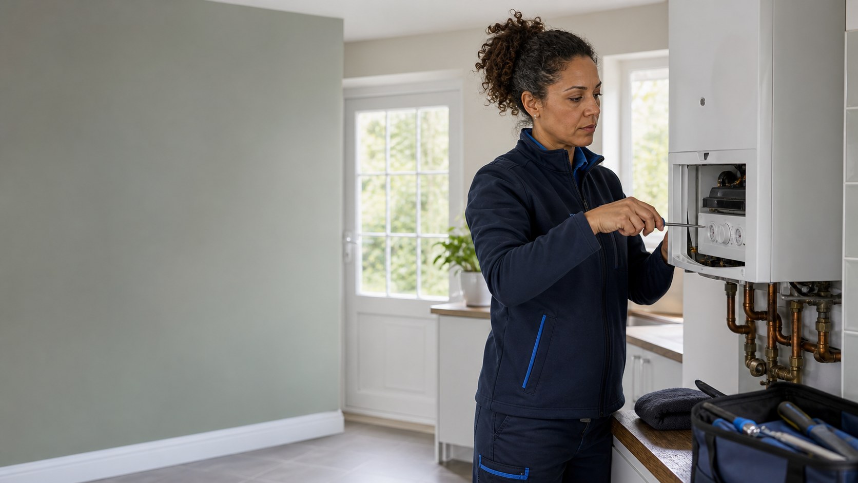 A female heating engineer servicing a boiler in a customer’s home.