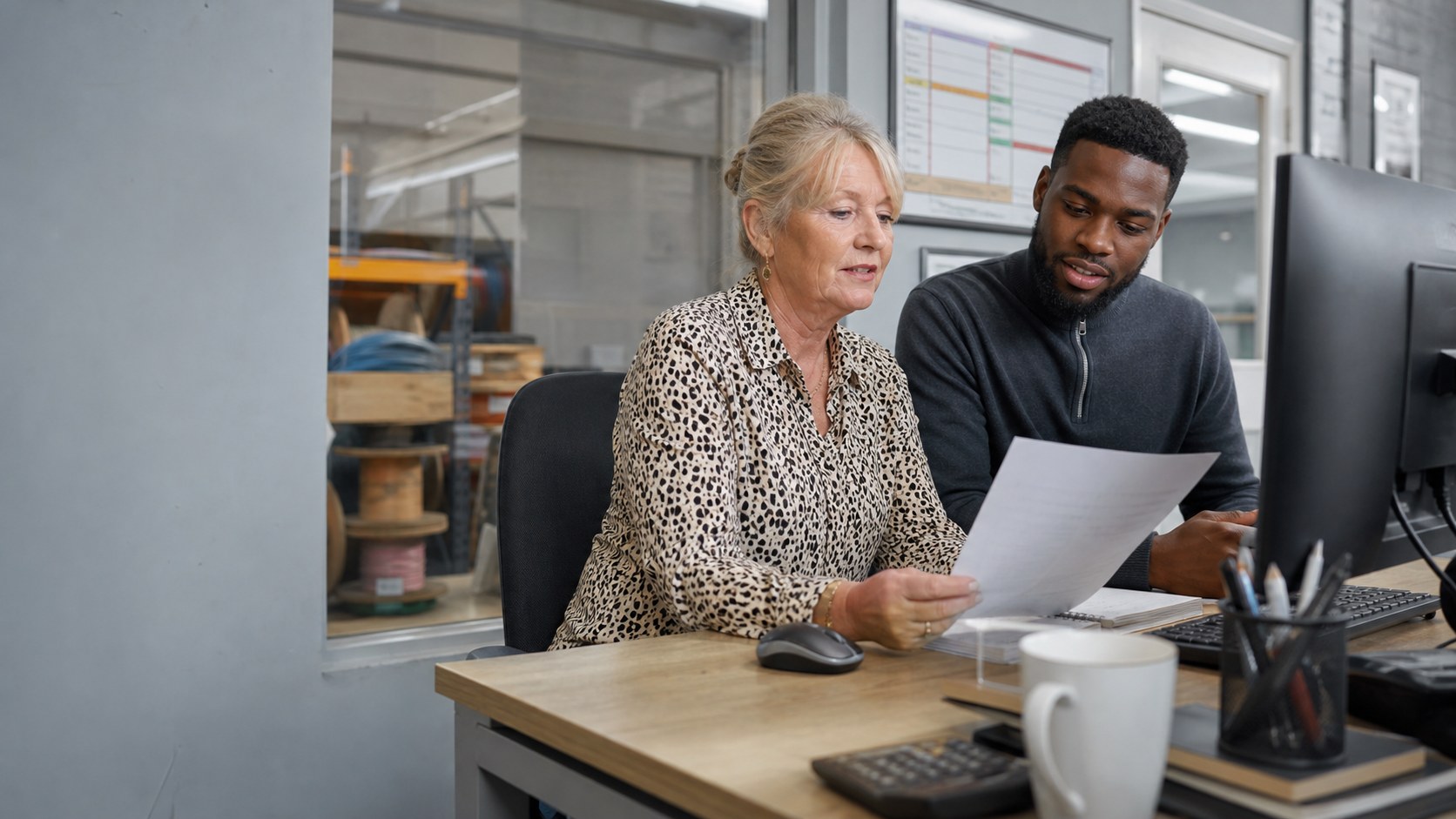 An electrical contractor and accounts manager reviewing a JobTek invoice in Sage.