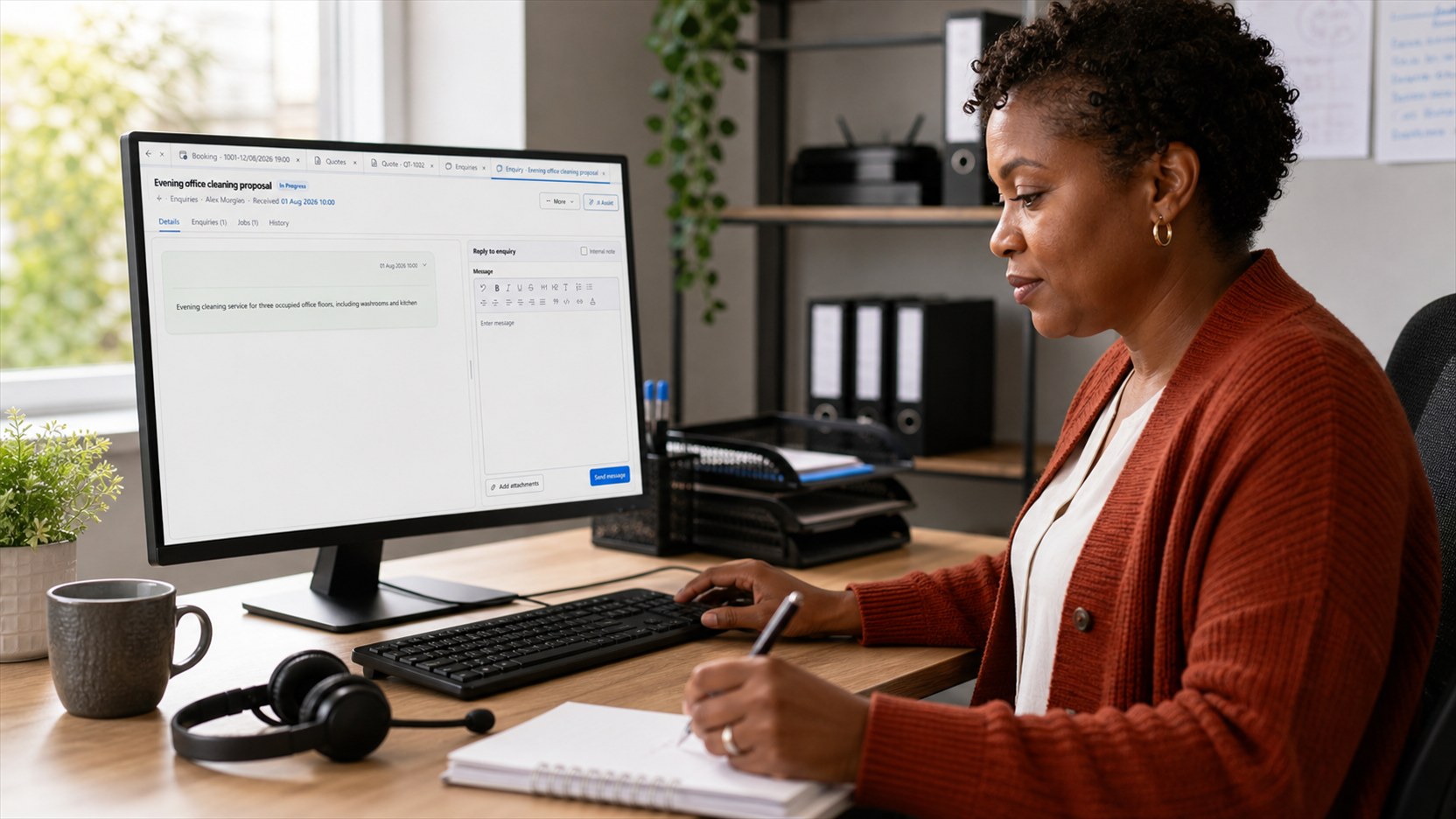 An office coordinator preparing a prompt response to a new customer enquiry.