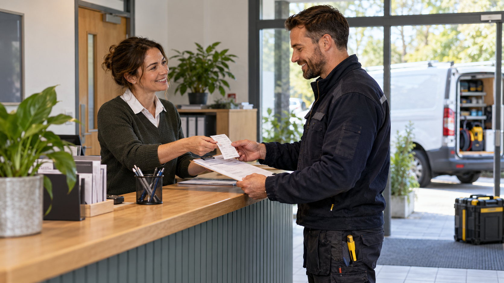 A facilities customer and field engineer exchanging a completed service receipt at reception.