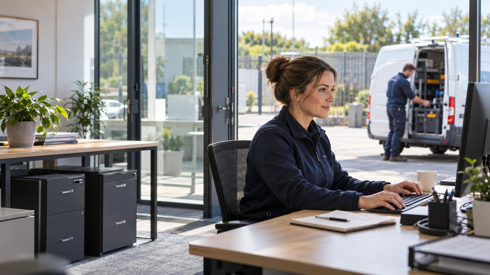 An office coordinator works inside while a field team member prepares a service van outside.