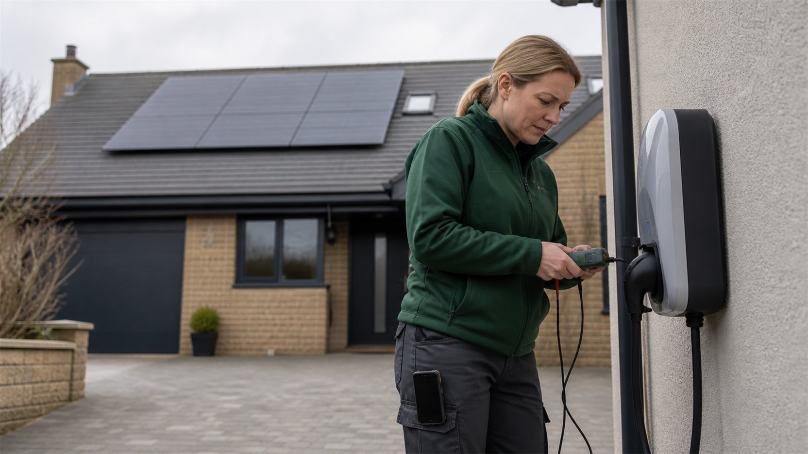 A solar and EV installer testing a domestic charge point.