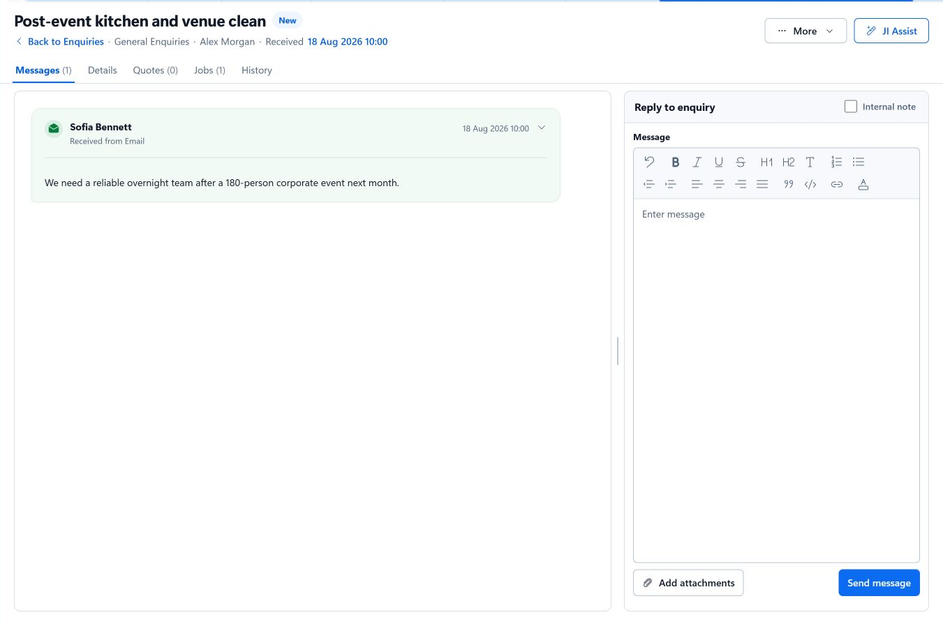 A complete JobTek enquiry showing the customer message, ownership and reply workspace.