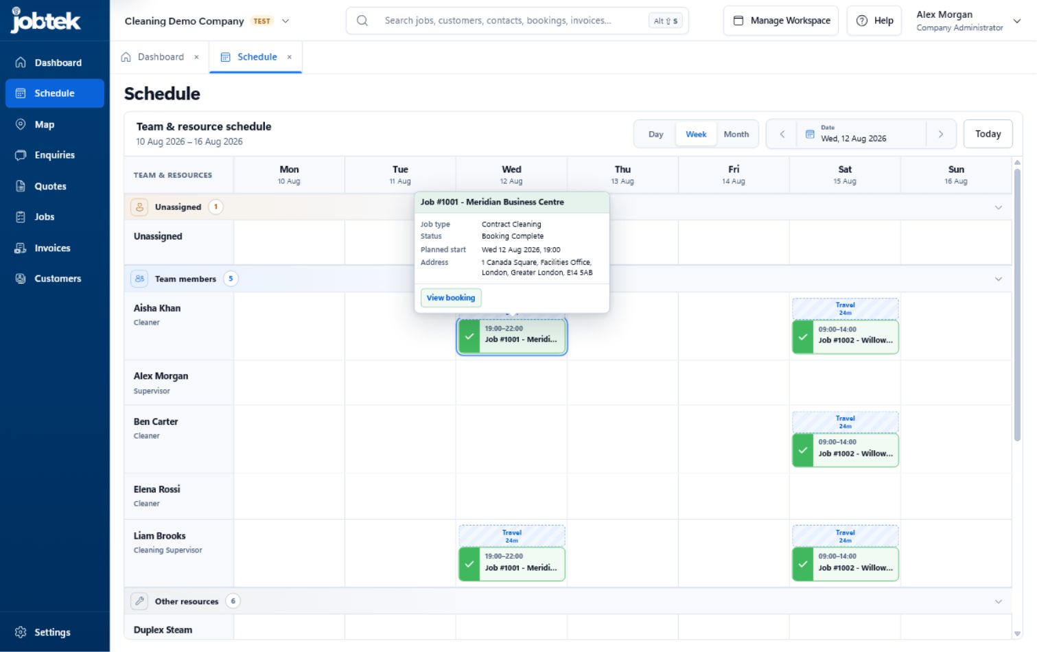 The JobTek weekly schedule showing team members, travel and a selected booking.