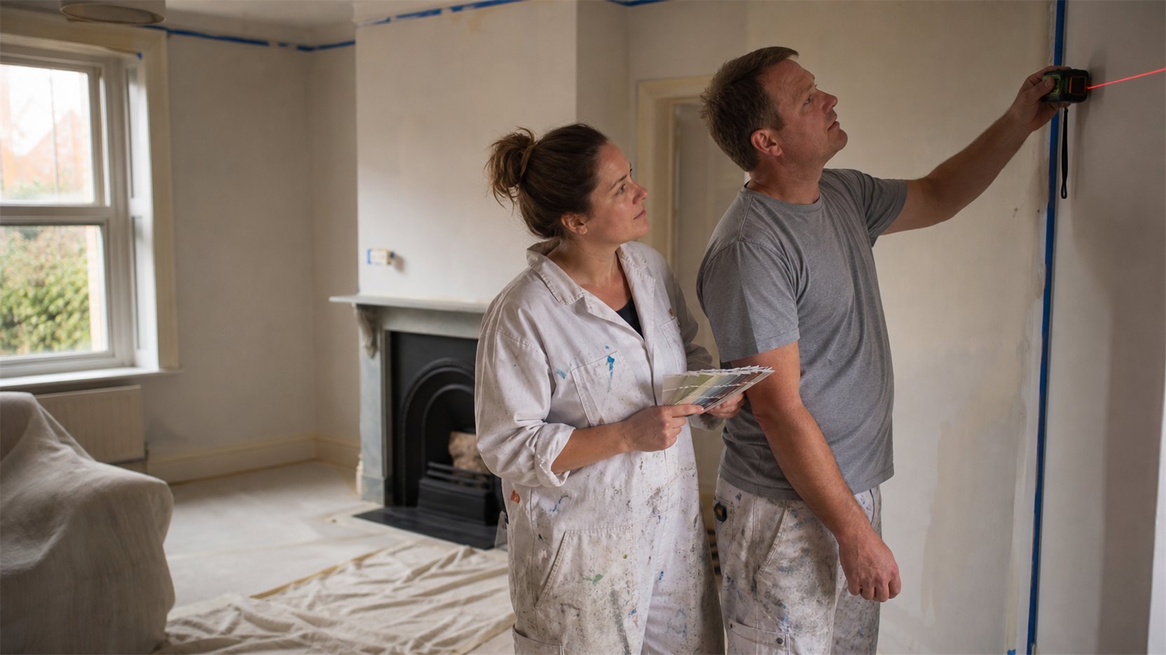 Two decorators checking measurements and colour details before starting work.