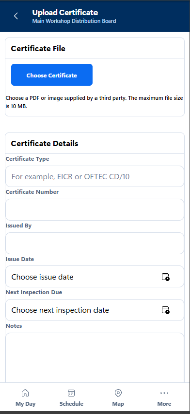 The JobTek mobile app recording a certificate against a maintained asset.