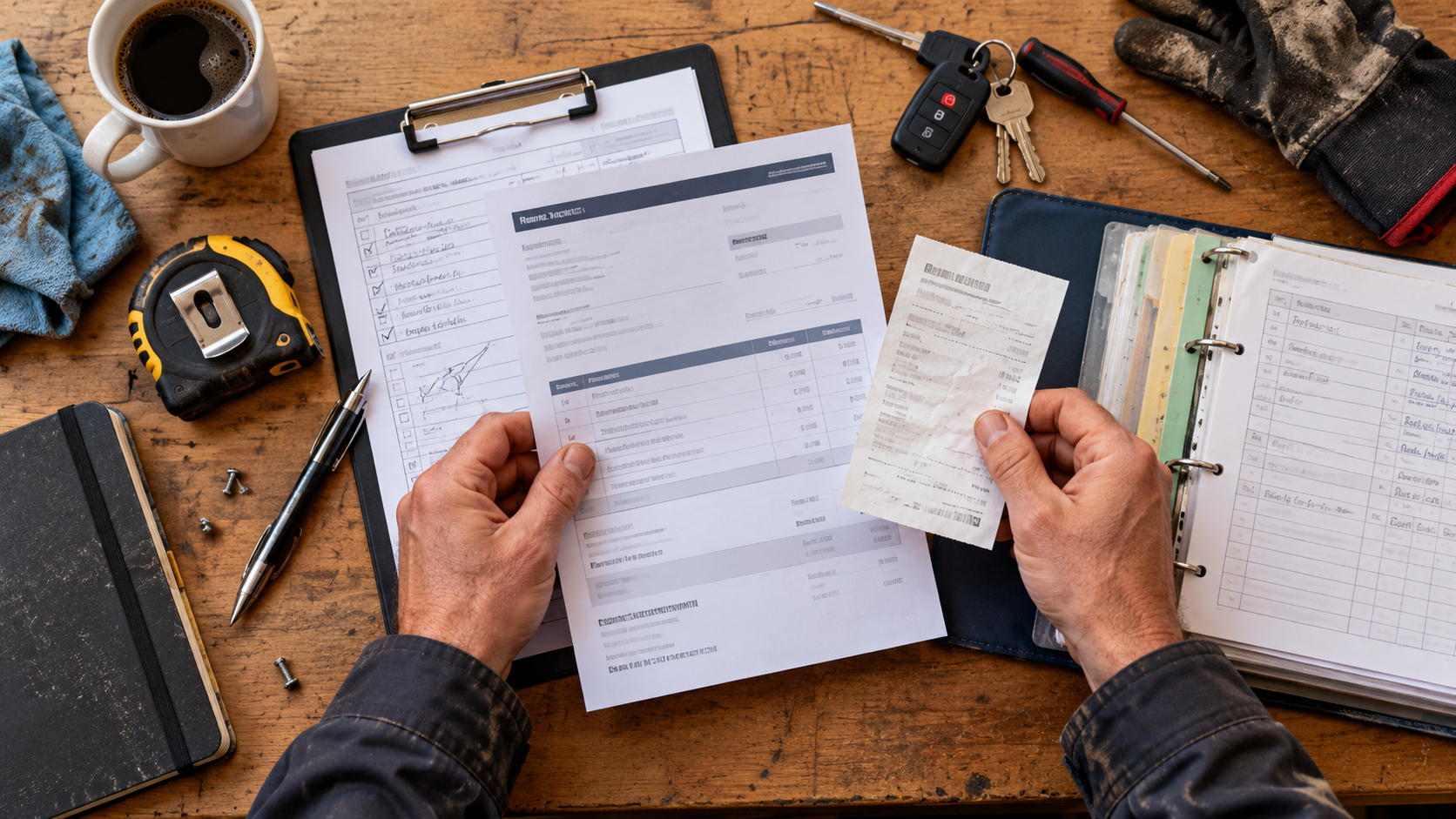 A field-service job pack, invoice and receipt being reconciled on a workbench.