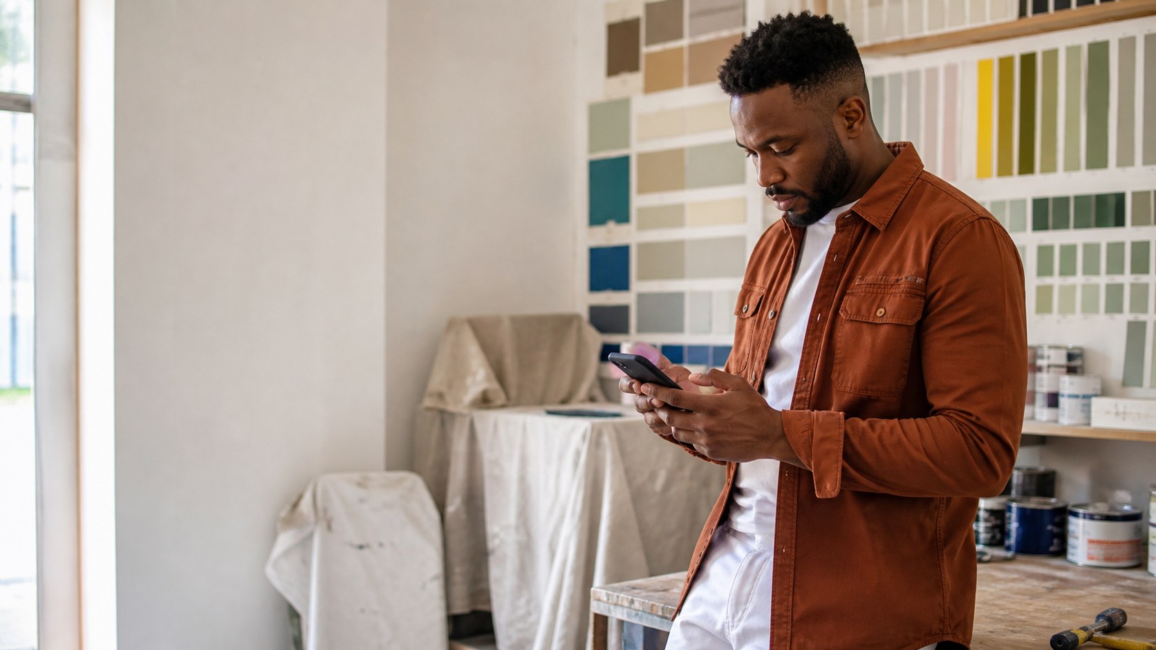 A decorating business owner reviewing a photo-led customer enquiry received through Instagram.