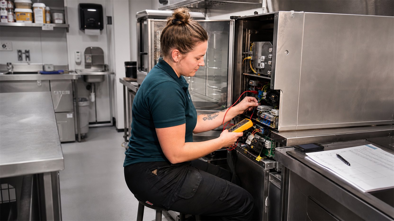 A commercial kitchen engineer diagnosing a combi oven.
