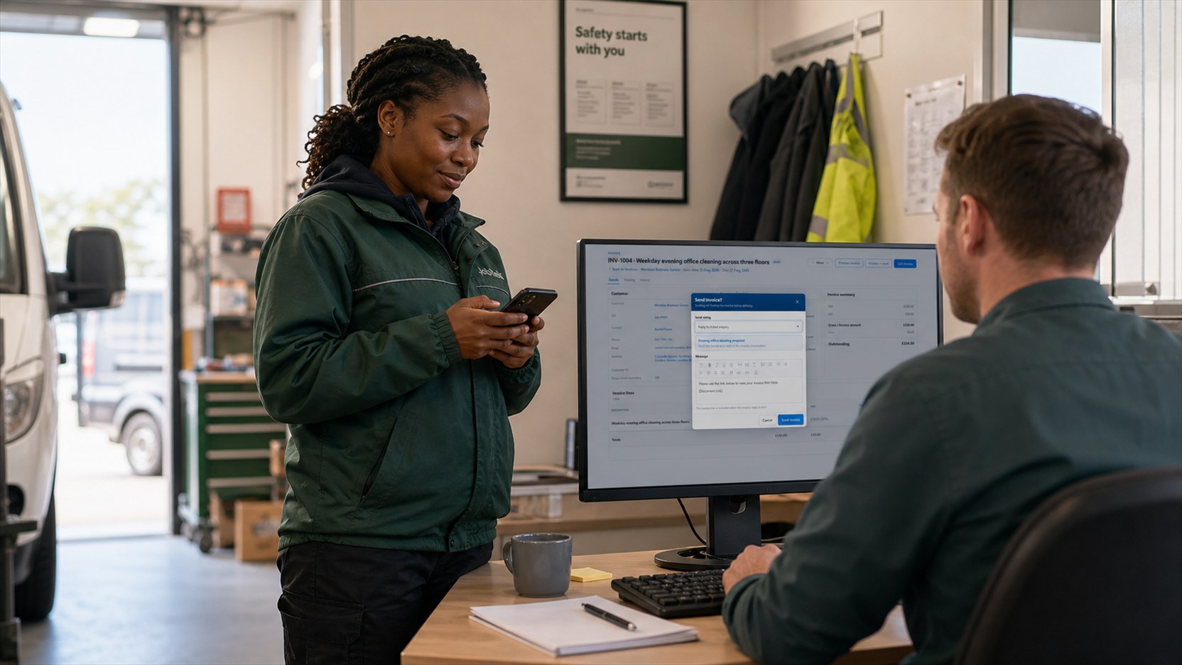 A field engineer sending completed job details to an office colleague ready for invoicing.