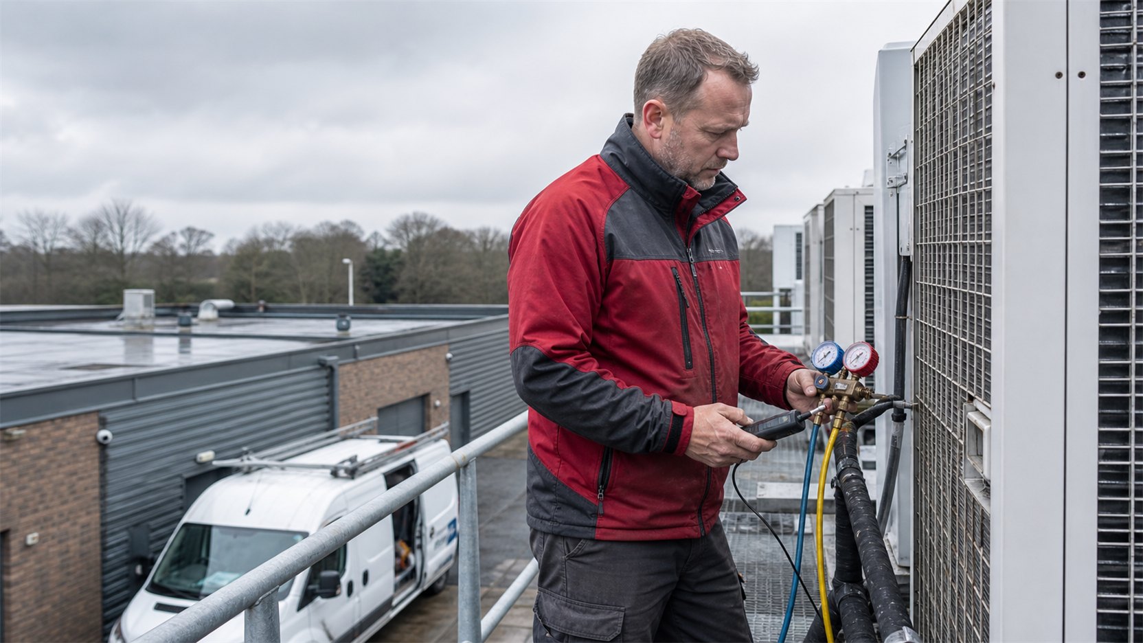 An HVAC engineer diagnosing a commercial air-conditioning unit.
