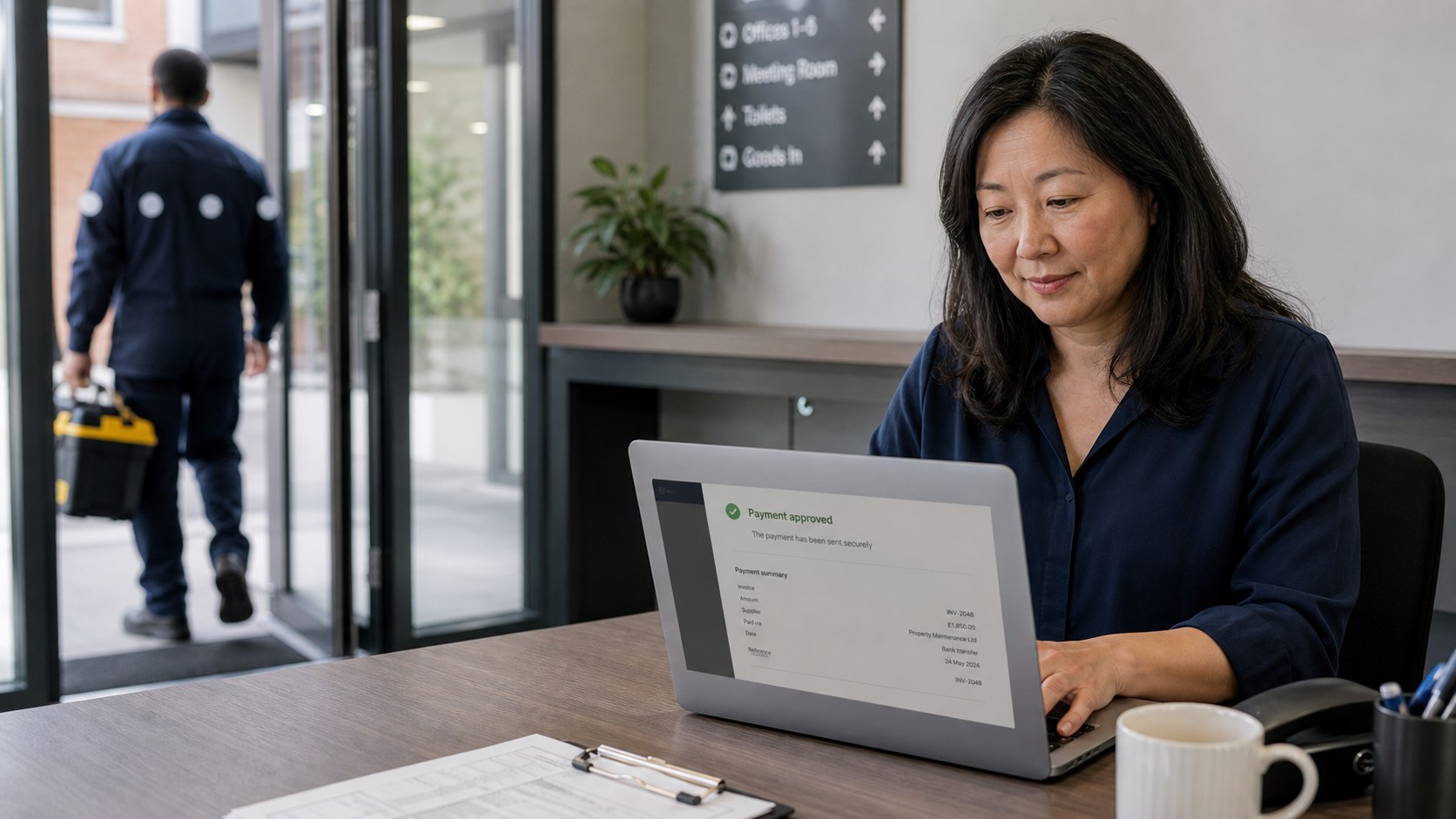 A facilities customer confirming an instant bank payment for a completed service job.