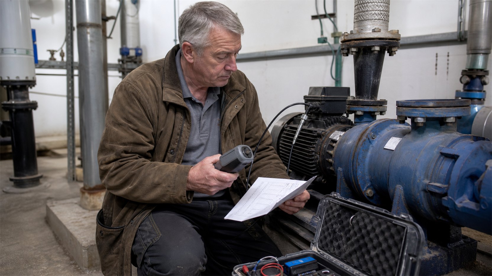 An equipment service engineer diagnosing a commercial pump and motor.