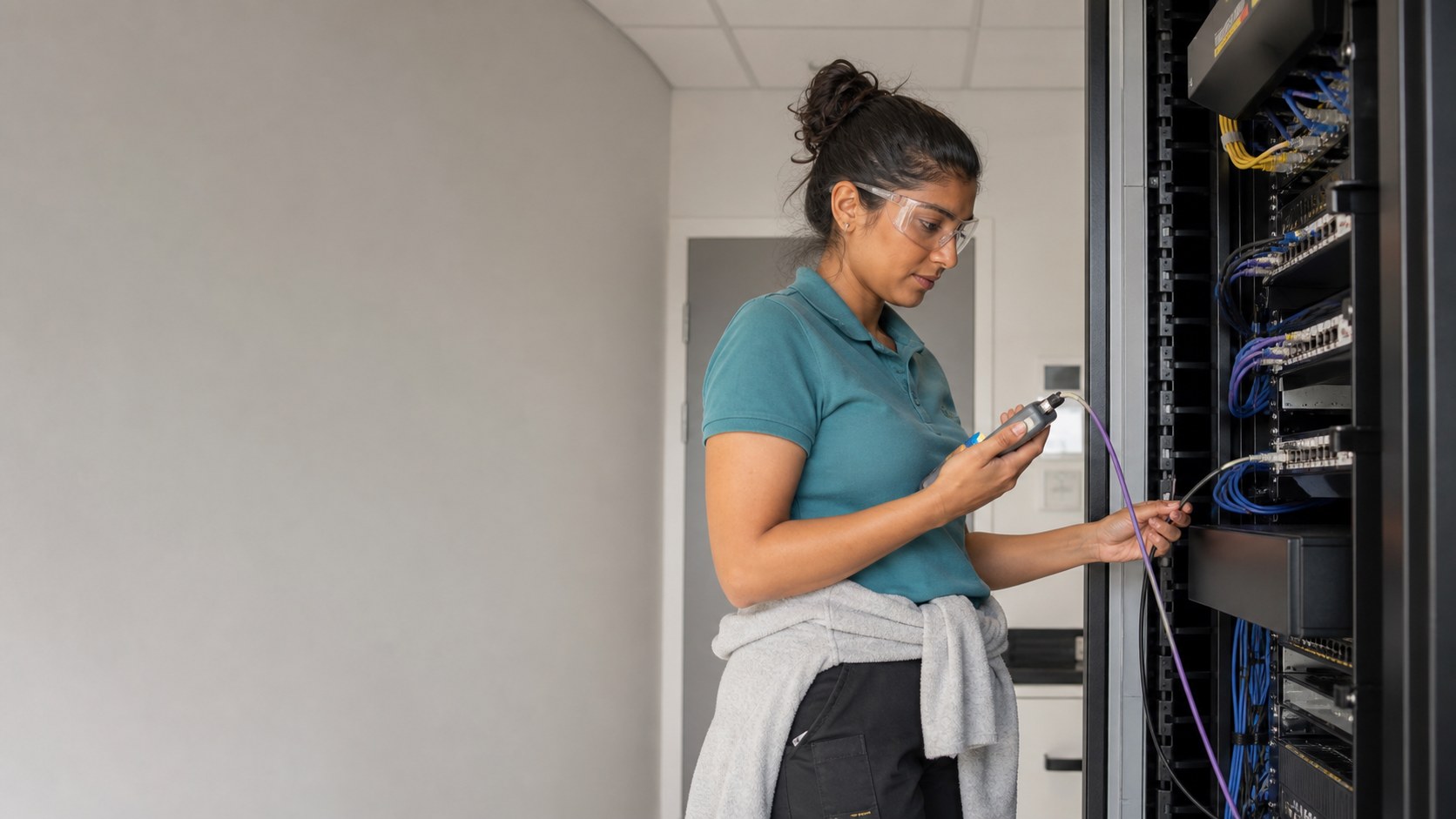 A female communications engineer testing a network installation.
