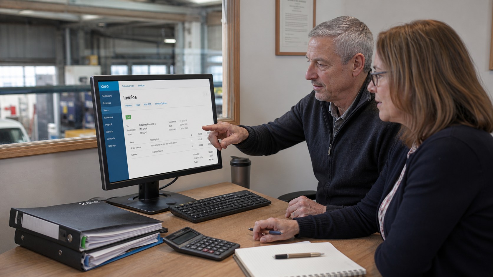 A service business owner and bookkeeper checking a JobTek invoice in Xero.