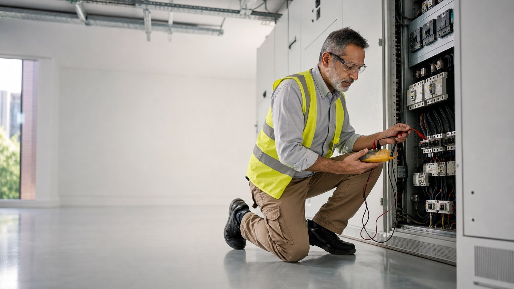 An experienced electrical contractor testing a commercial distribution board.