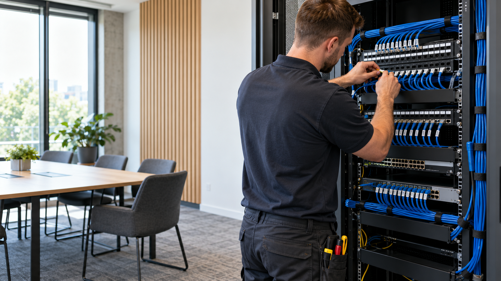 An engineer organising network cables in a communications rack in a meeting room.
