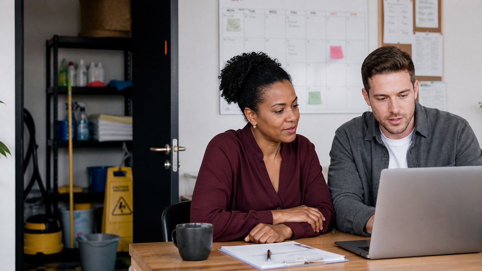 A cleaning business owner and finance colleague reviewing a JobTek invoice in QuickBooks Online.