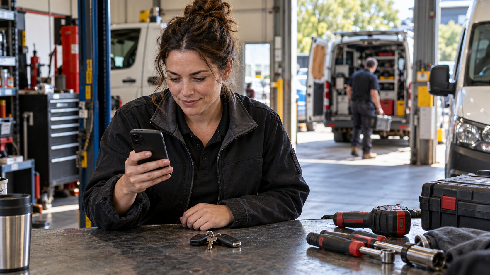 A field-service coordinator checking a customer message in a busy workshop.